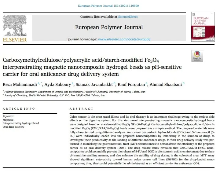“Carboxymethylcellulose/polyacrylic acid/starch-modified Fe3O4 interpenetrating magnetic nanocomposite hydrogel beads as pH-sensitive carrier for oral anticancer drug delivery